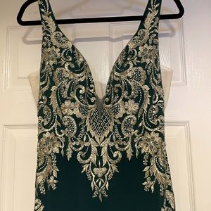 Emerald Green Midi Dress with Gold Embroidery